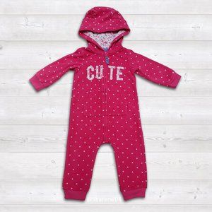 Carters Baby Girl Fleece Hooded Jumpsuit 12 months Pink with white polka…